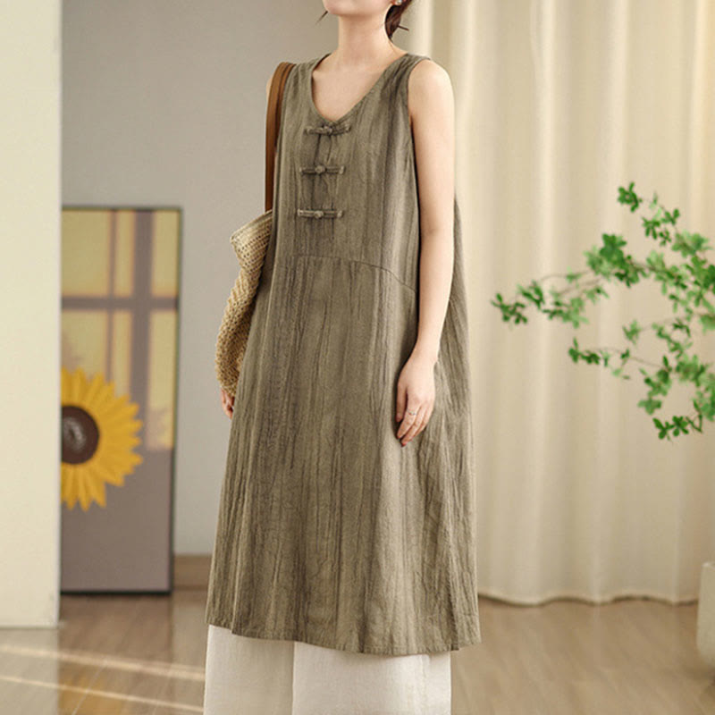 Tie Dye Chinese Frog-Button Ramie Linen Sleeveless Midi Dress With Pockets