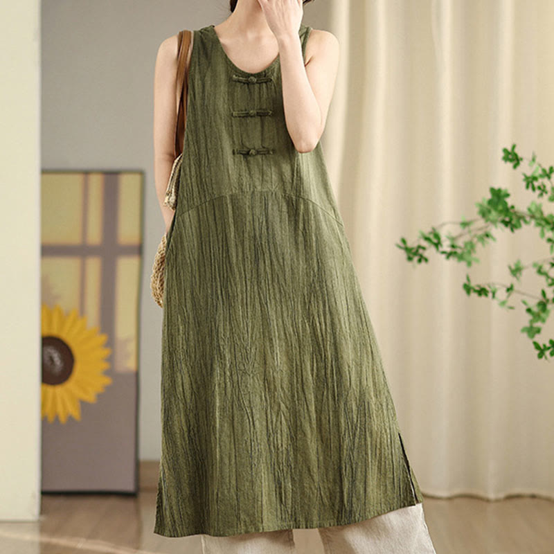 Tie Dye Chinese Frog-Button Ramie Linen Sleeveless Midi Dress With Pockets