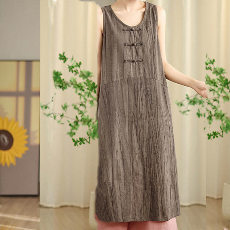 Tie Dye Chinese Frog-Button Ramie Linen Sleeveless Midi Dress With Pockets