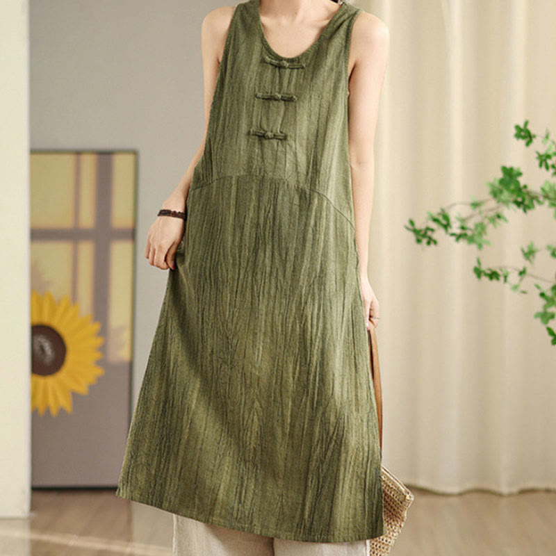 Tie Dye Chinese Frog-Button Ramie Linen Sleeveless Midi Dress With Pockets