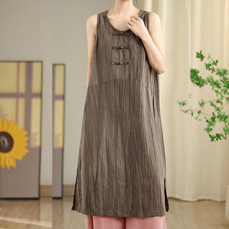 Tie Dye Chinese Frog-Button Ramie Linen Sleeveless Midi Dress With Pockets