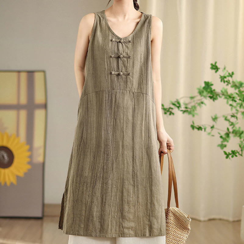 Tie Dye Chinese Frog-Button Ramie Linen Sleeveless Midi Dress With Pockets