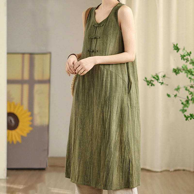Tie Dye Chinese Frog-Button Ramie Linen Sleeveless Midi Dress With Pockets