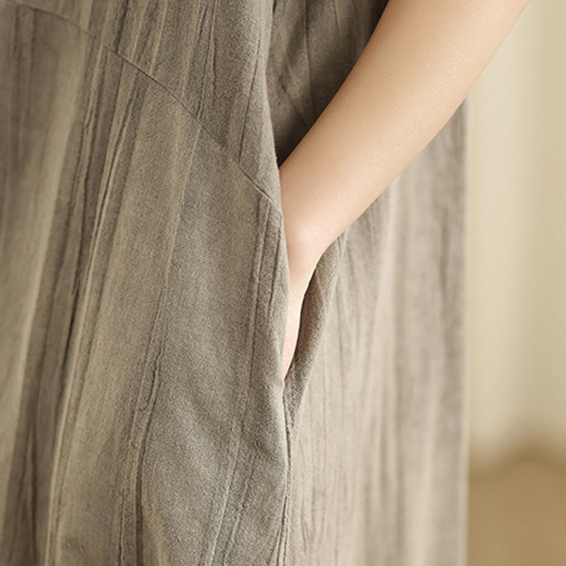 Tie Dye Chinese Frog-Button Ramie Linen Sleeveless Midi Dress With Pockets