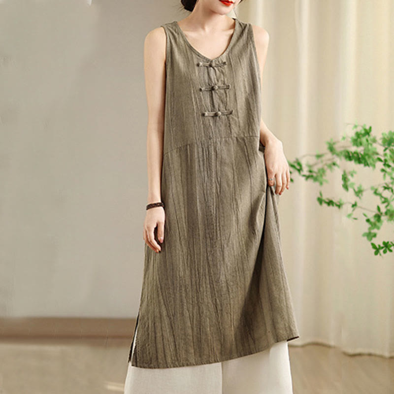 Tie Dye Chinese Frog-Button Ramie Linen Sleeveless Midi Dress With Pockets