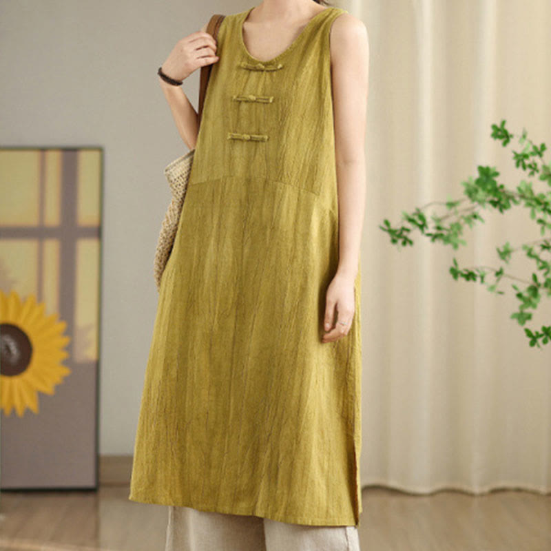 Tie Dye Chinese Frog-Button Ramie Linen Sleeveless Midi Dress With Pockets