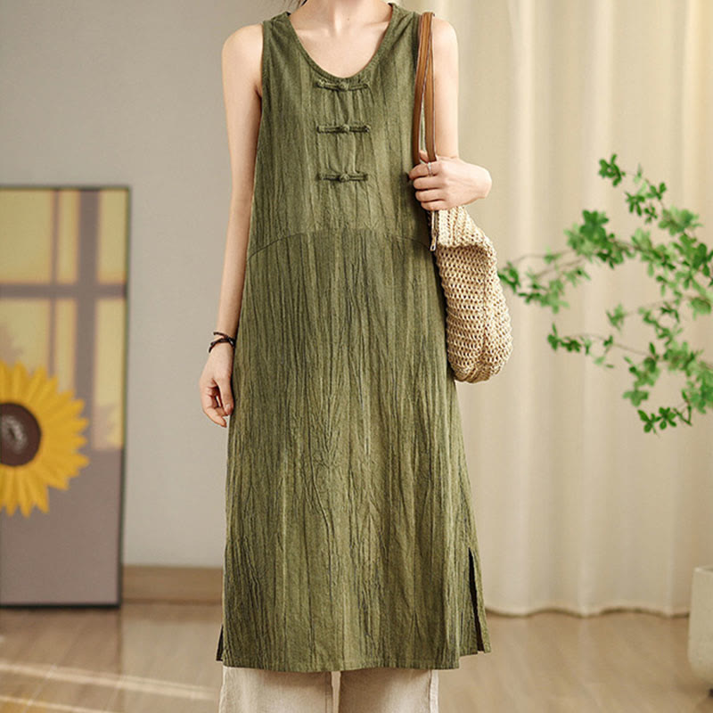 Tie Dye Chinese Frog-Button Ramie Linen Sleeveless Midi Dress With Pockets