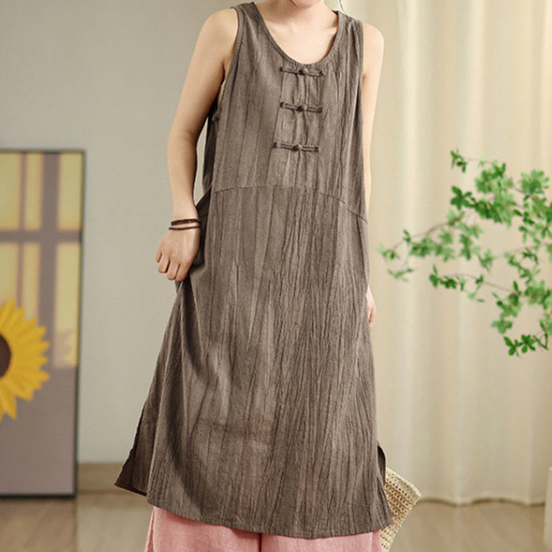 Tie Dye Chinese Frog-Button Ramie Linen Sleeveless Midi Dress With Pockets