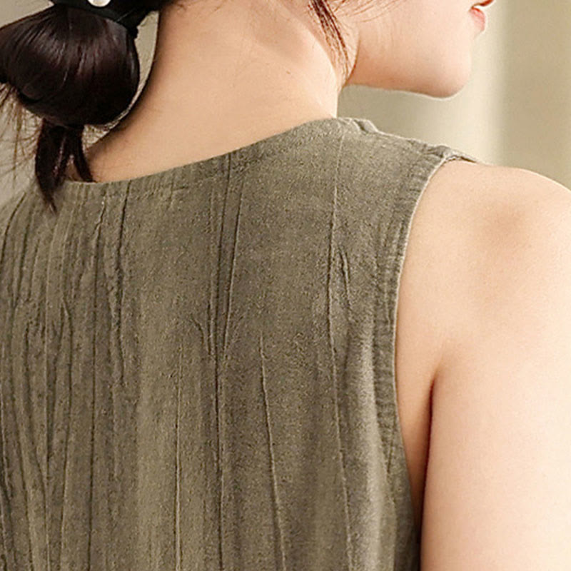 Tie Dye Chinese Frog-Button Ramie Linen Sleeveless Midi Dress With Pockets