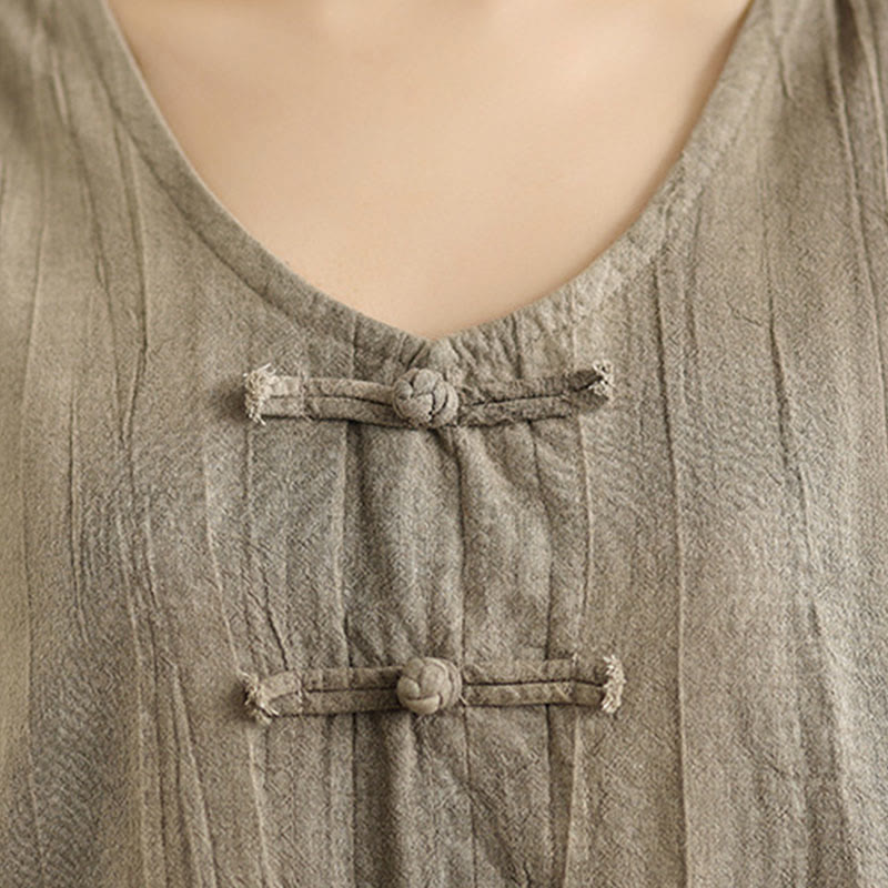 Tie Dye Chinese Frog-Button Ramie Linen Sleeveless Midi Dress With Pockets