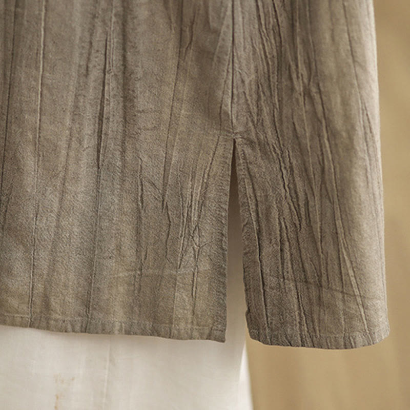 Tie Dye Chinese Frog-Button Ramie Linen Sleeveless Midi Dress With Pockets