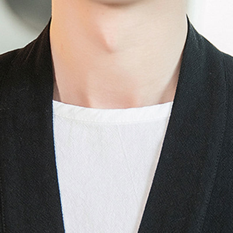 Plain Chinese Frog-Button Jacket Cotton Linen Men's Three Quarter Sleeve Kimono