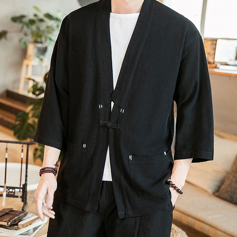 Plain Chinese Frog-Button Jacket Cotton Linen Men's Three Quarter Sleeve Kimono