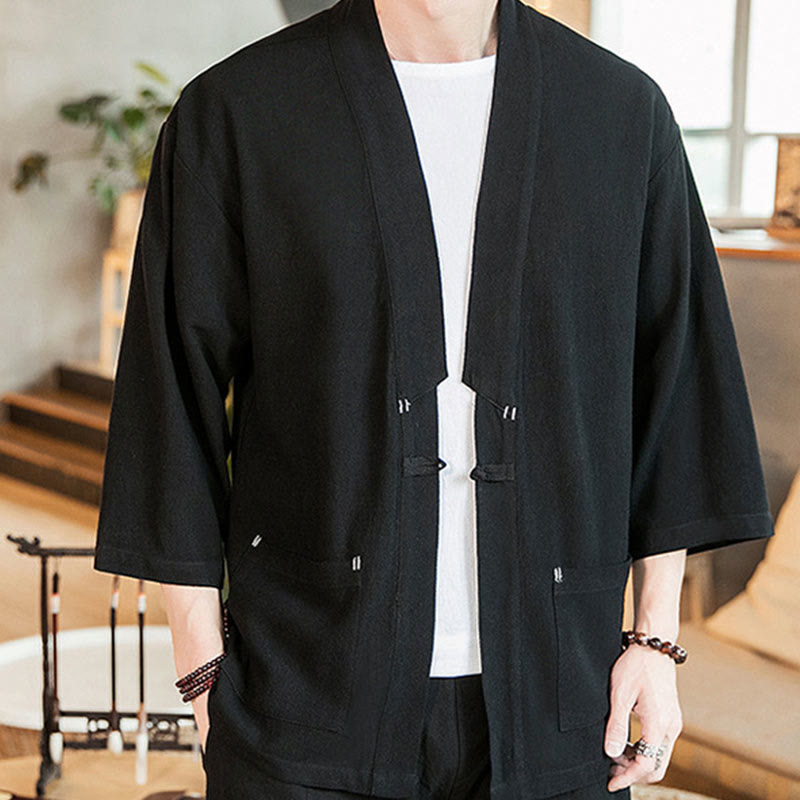 Plain Chinese Frog-Button Jacket Cotton Linen Men's Three Quarter Sleeve Kimono