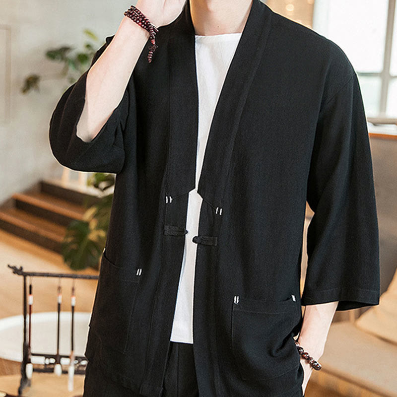Plain Chinese Frog-Button Jacket Cotton Linen Men's Three Quarter Sleeve Kimono
