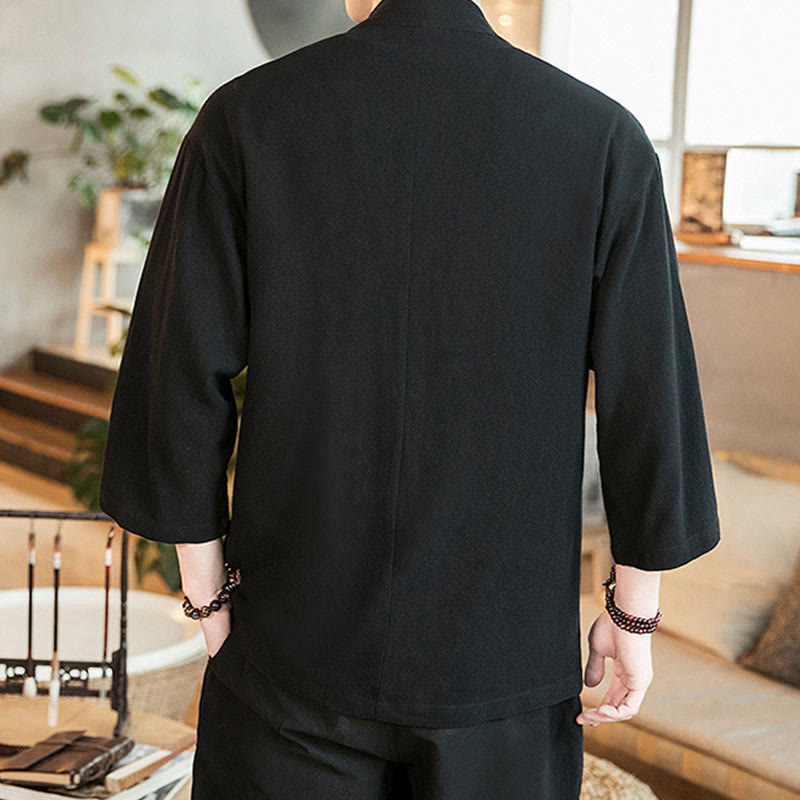 Plain Chinese Frog-Button Jacket Cotton Linen Men's Three Quarter Sleeve Kimono