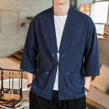 Plain Chinese Frog-Button Jacket Cotton Linen Men's Three Quarter Sleeve Kimono