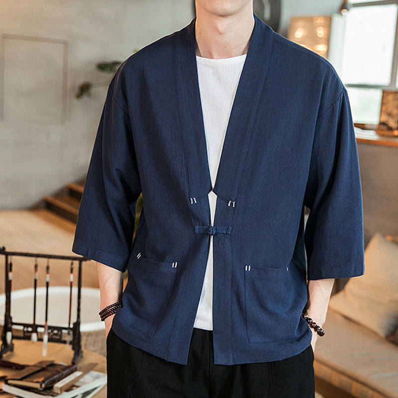 Plain Chinese Frog-Button Jacket Cotton Linen Men's Three Quarter Sleeve Kimono
