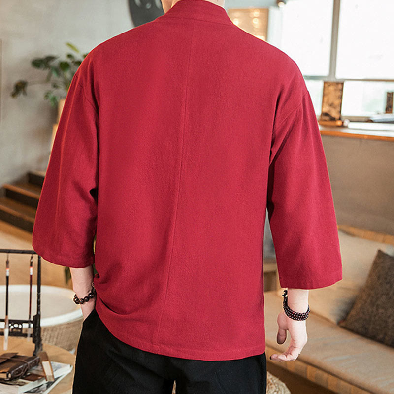 Plain Chinese Frog-Button Jacket Cotton Linen Men's Three Quarter Sleeve Kimono