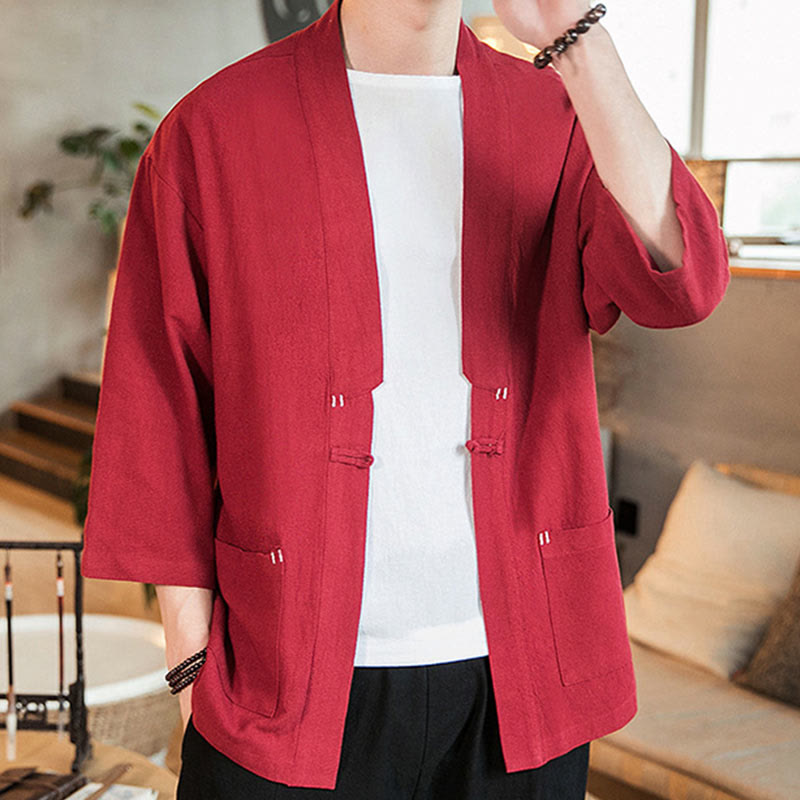Plain Chinese Frog-Button Jacket Cotton Linen Men's Three Quarter Sleeve Kimono