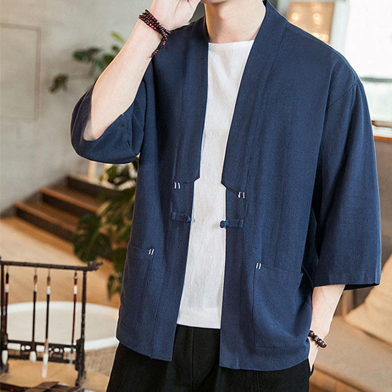 Plain Chinese Frog-Button Jacket Cotton Linen Men's Three Quarter Sleeve Kimono