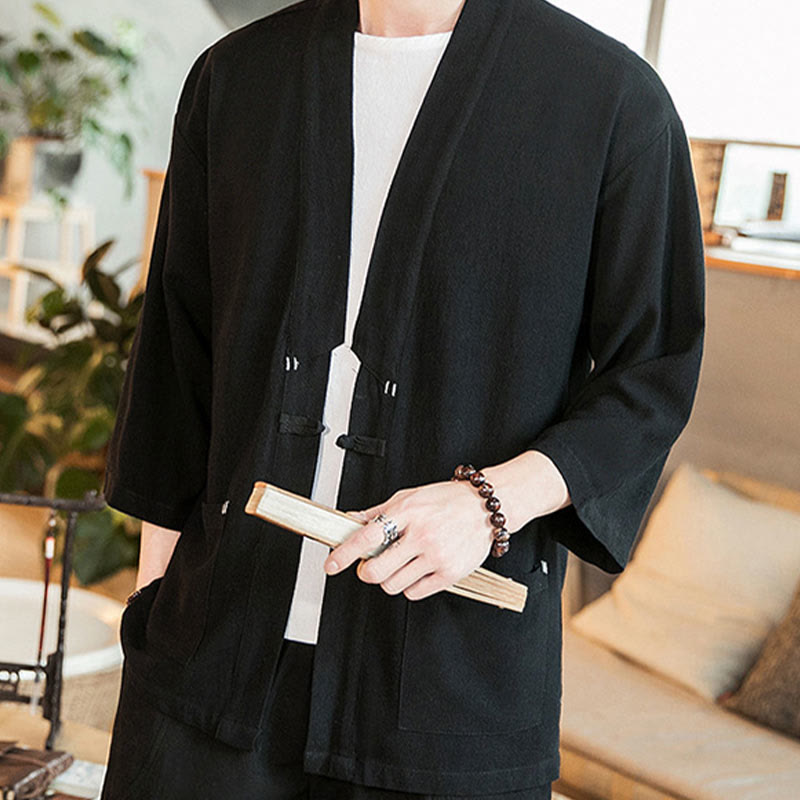Plain Chinese Frog-Button Jacket Cotton Linen Men's Three Quarter Sleeve Kimono