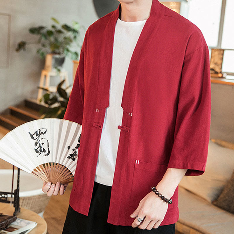 Plain Chinese Frog-Button Jacket Cotton Linen Men's Three Quarter Sleeve Kimono