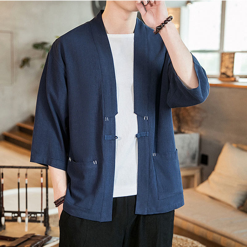 Plain Chinese Frog-Button Jacket Cotton Linen Men's Three Quarter Sleeve Kimono