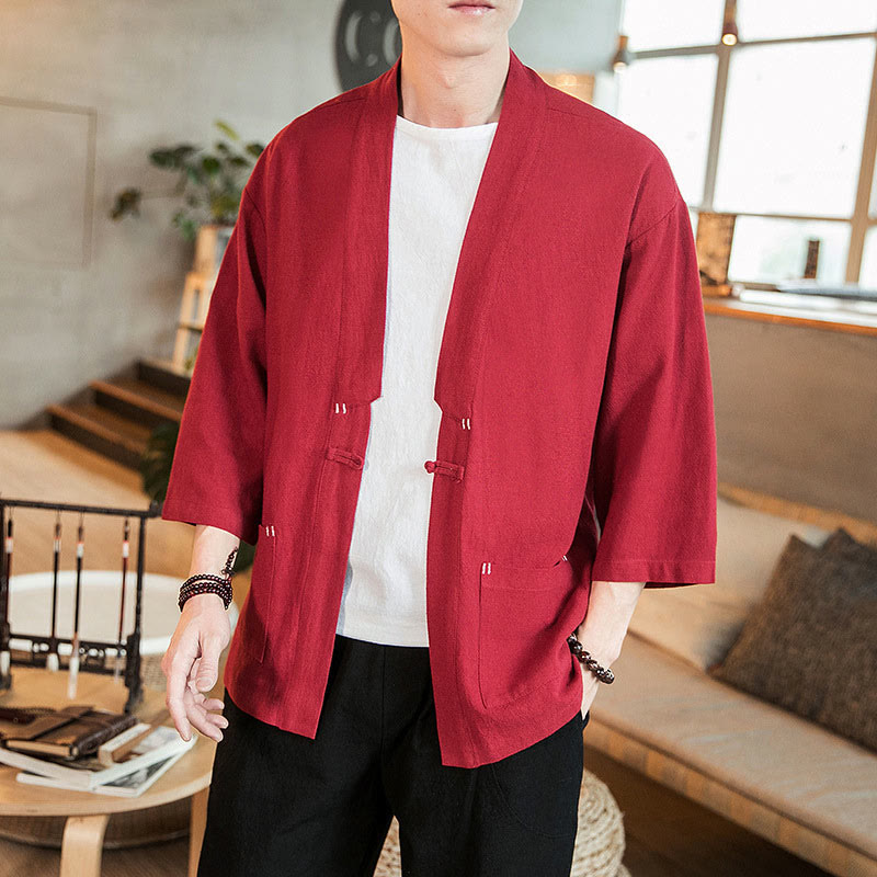 Plain Chinese Frog-Button Jacket Cotton Linen Men's Three Quarter Sleeve Kimono