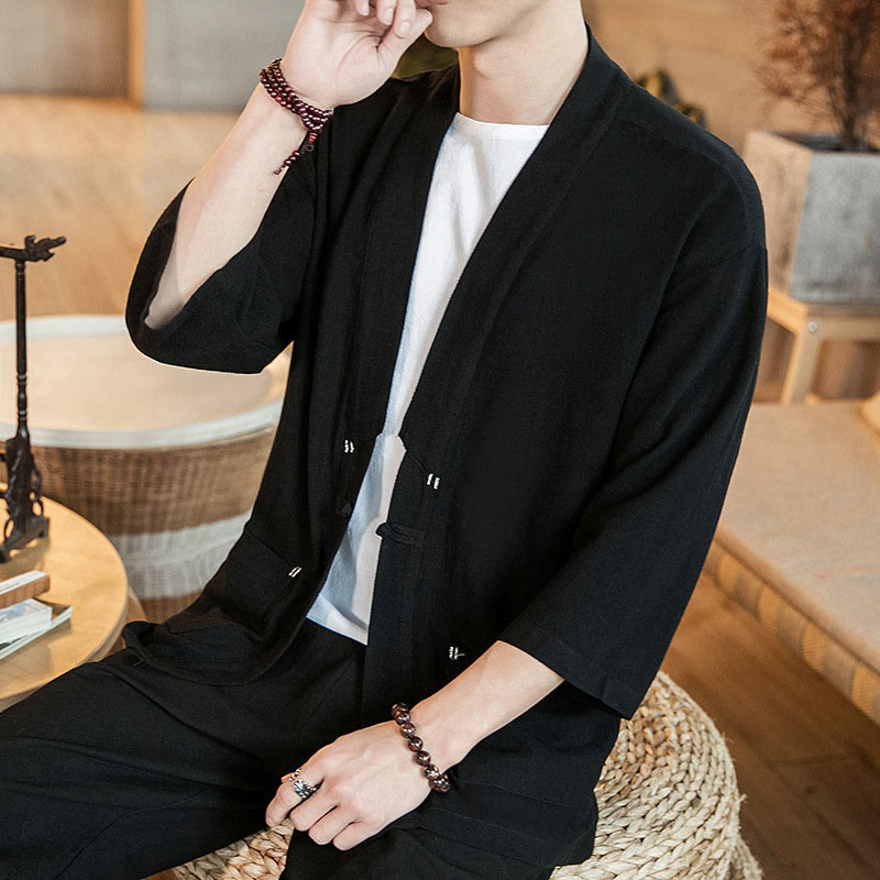 Plain Chinese Frog-Button Jacket Cotton Linen Men's Three Quarter Sleeve Kimono