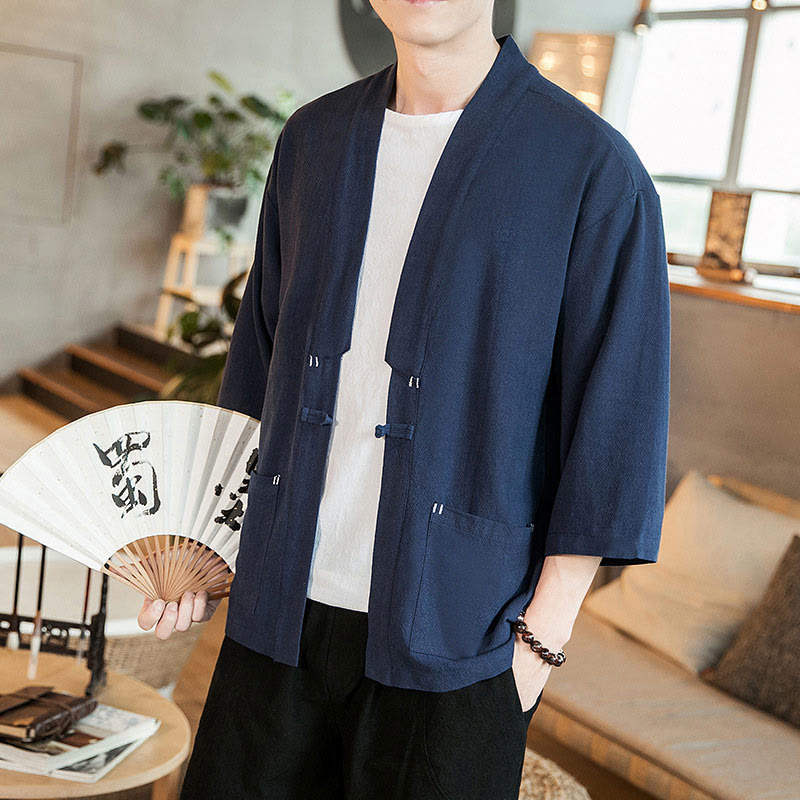 Plain Chinese Frog-Button Jacket Cotton Linen Men's Three Quarter Sleeve Kimono