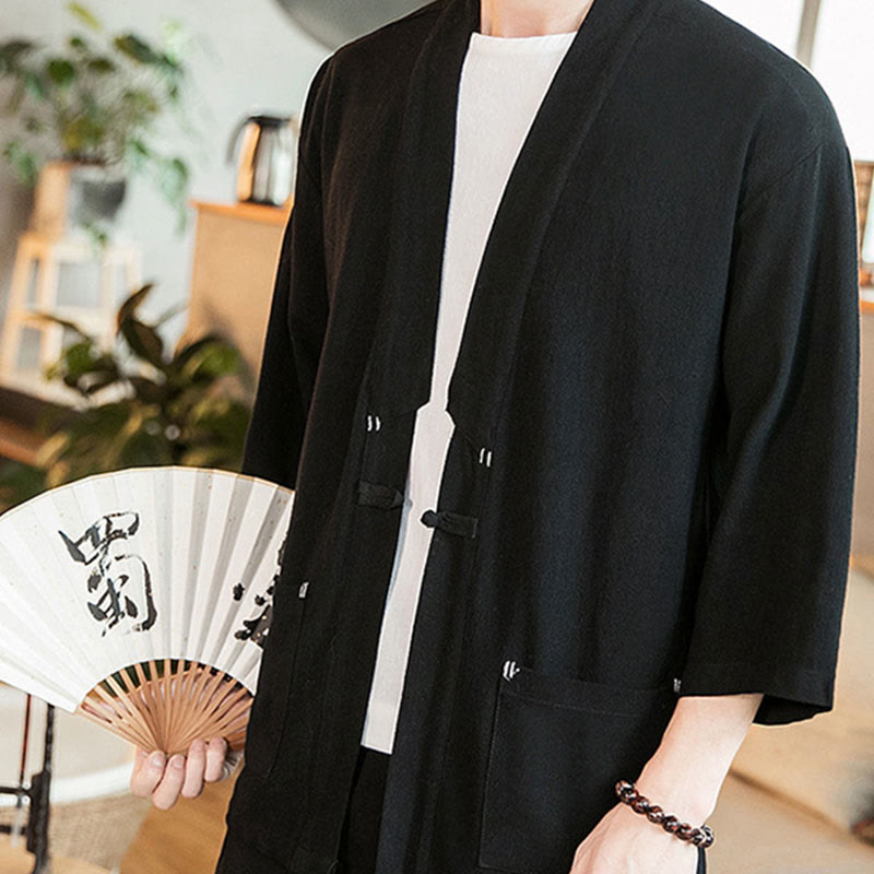 Plain Chinese Frog-Button Jacket Cotton Linen Men's Three Quarter Sleeve Kimono
