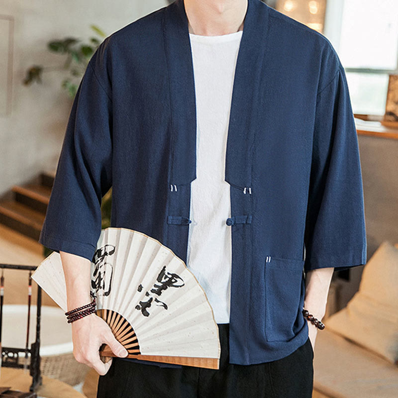 Plain Chinese Frog-Button Jacket Cotton Linen Men's Three Quarter Sleeve Kimono
