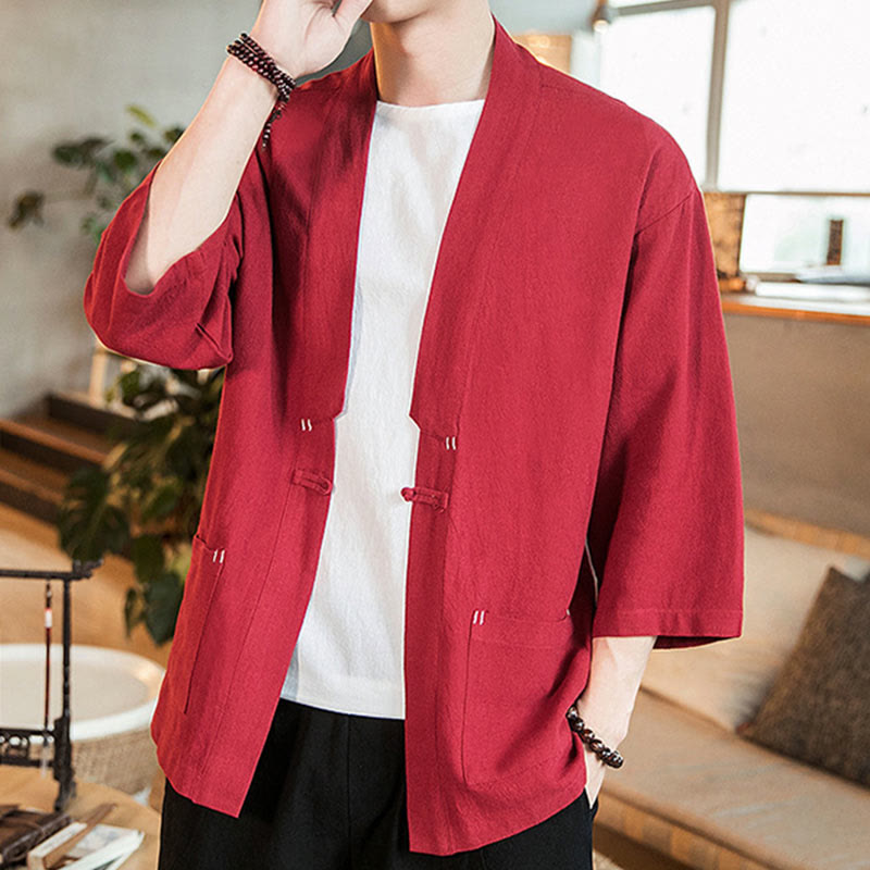 Plain Chinese Frog-Button Jacket Cotton Linen Men's Three Quarter Sleeve Kimono