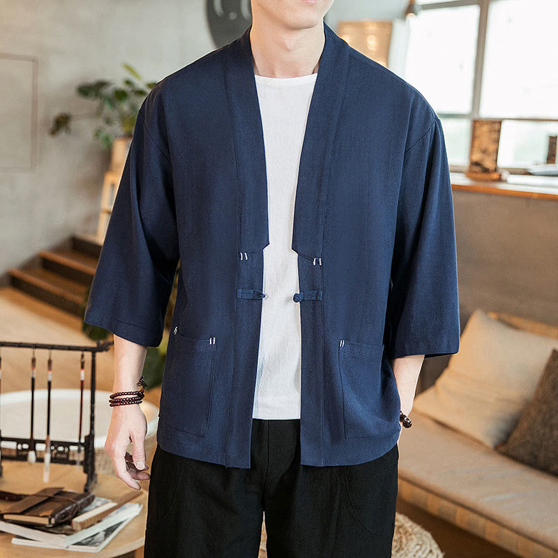 Plain Chinese Frog-Button Jacket Cotton Linen Men's Three Quarter Sleeve Kimono