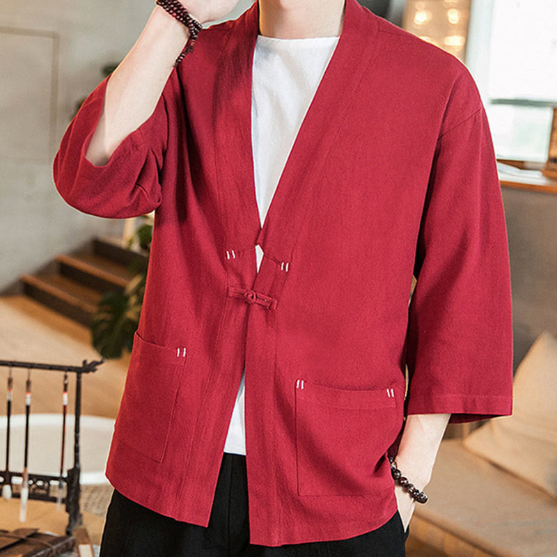 Plain Chinese Frog-Button Jacket Cotton Linen Men's Three Quarter Sleeve Kimono