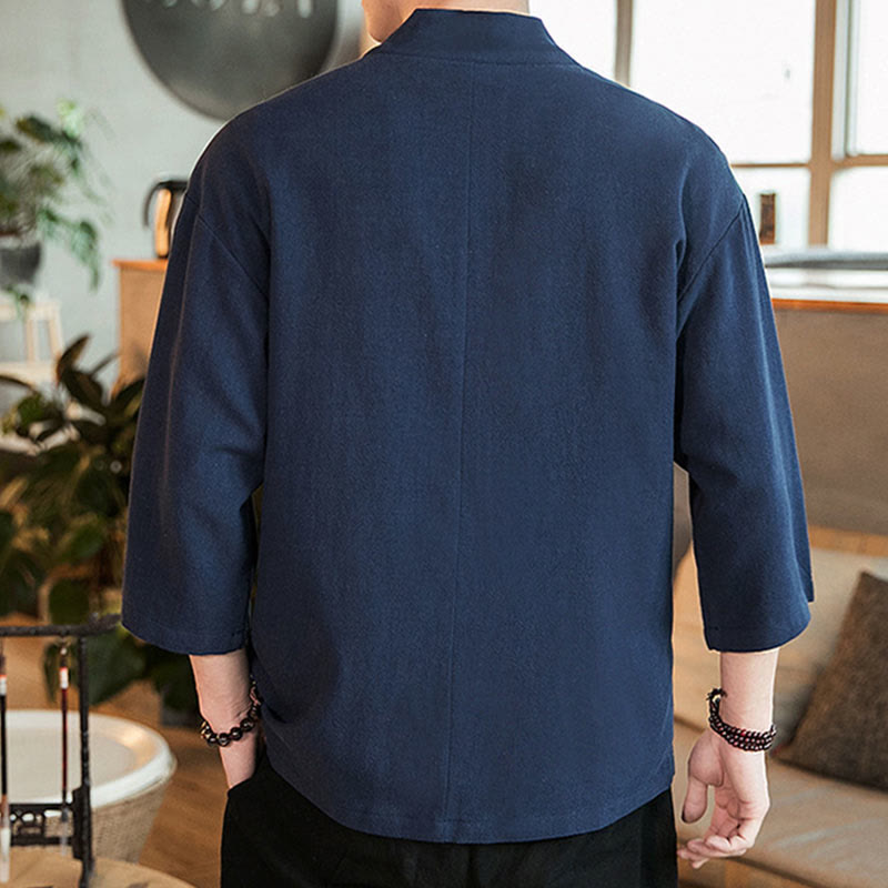 Plain Chinese Frog-Button Jacket Cotton Linen Men's Three Quarter Sleeve Kimono