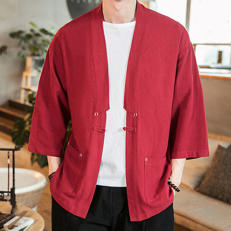 Plain Chinese Frog-Button Jacket Cotton Linen Men's Three Quarter Sleeve Kimono