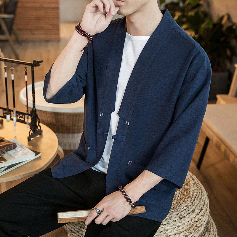 Plain Chinese Frog-Button Jacket Cotton Linen Men's Three Quarter Sleeve Kimono