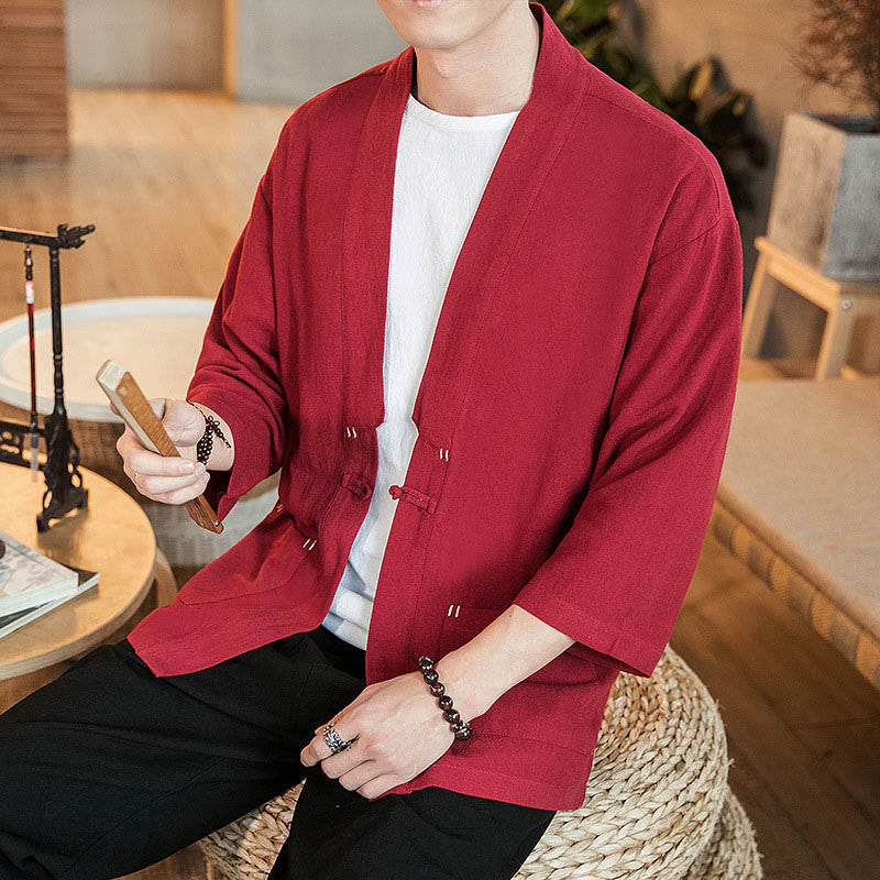Plain Chinese Frog-Button Jacket Cotton Linen Men's Three Quarter Sleeve Kimono
