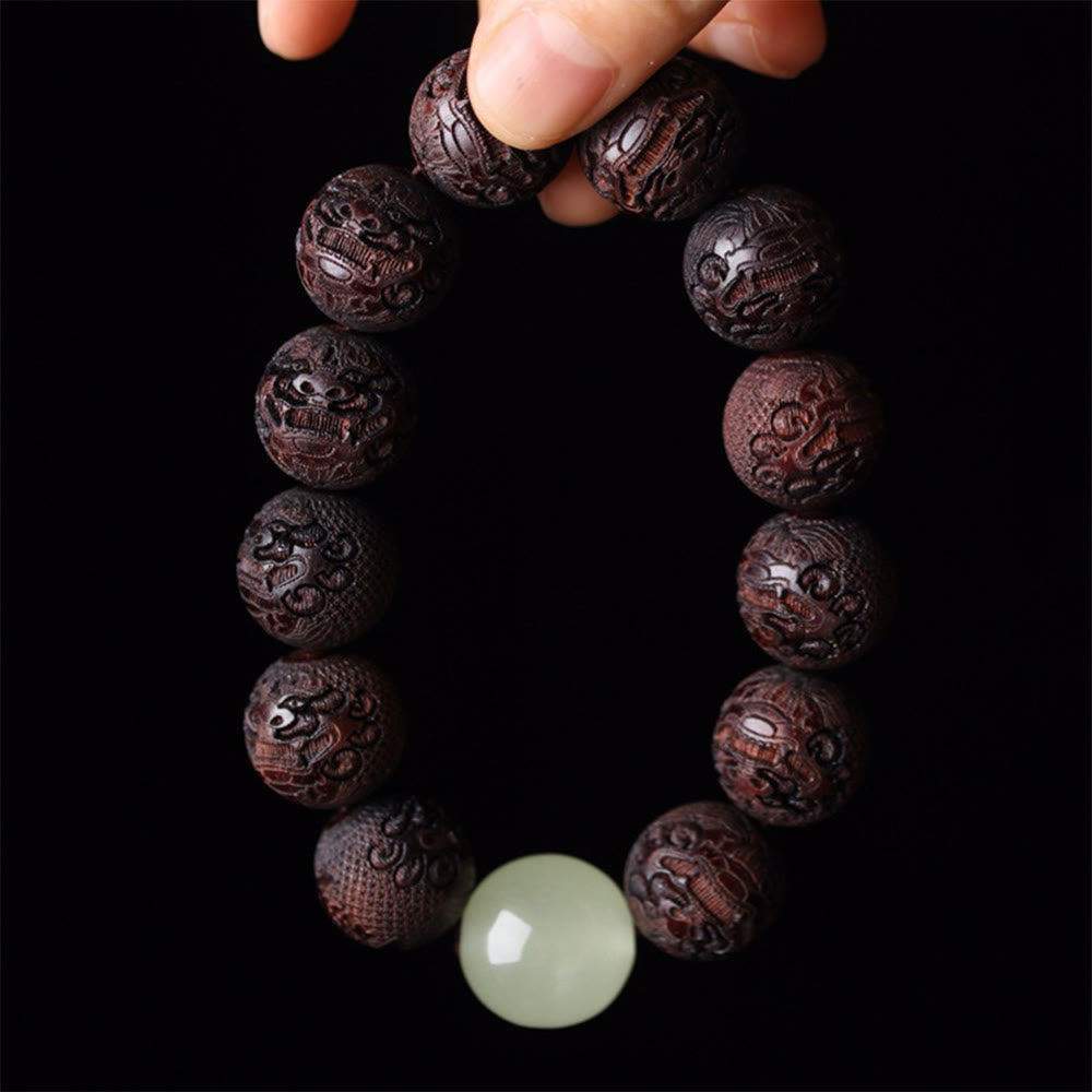 Engraved Tibetan Rosewood Pixiu 20mm Large Bead Bracelet