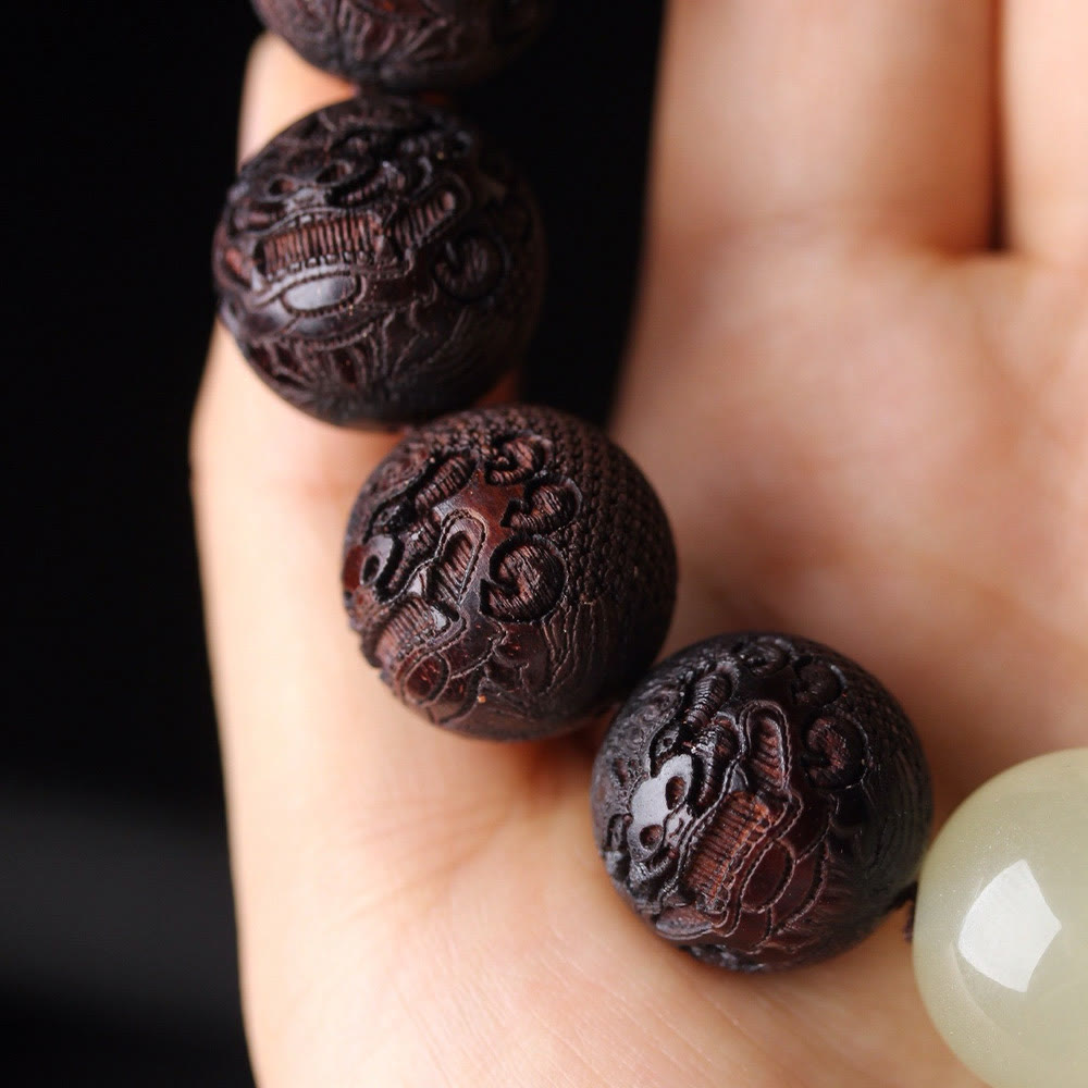 Engraved Tibetan Rosewood Pixiu 20mm Large Bead Bracelet