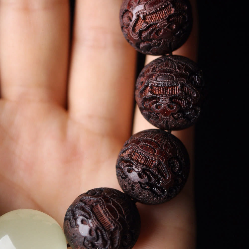 Engraved Tibetan Rosewood Pixiu 20mm Large Bead Bracelet