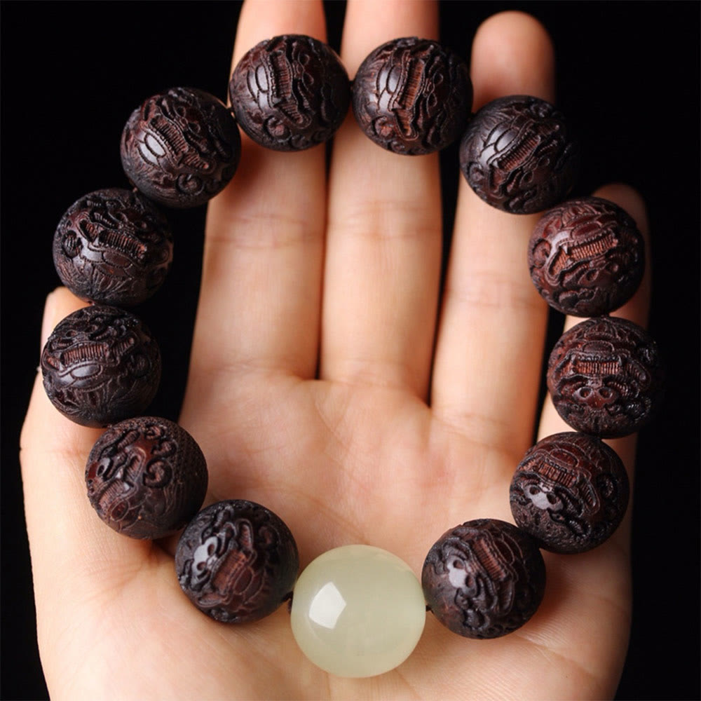 Engraved Tibetan Rosewood Pixiu 20mm Large Bead Bracelet