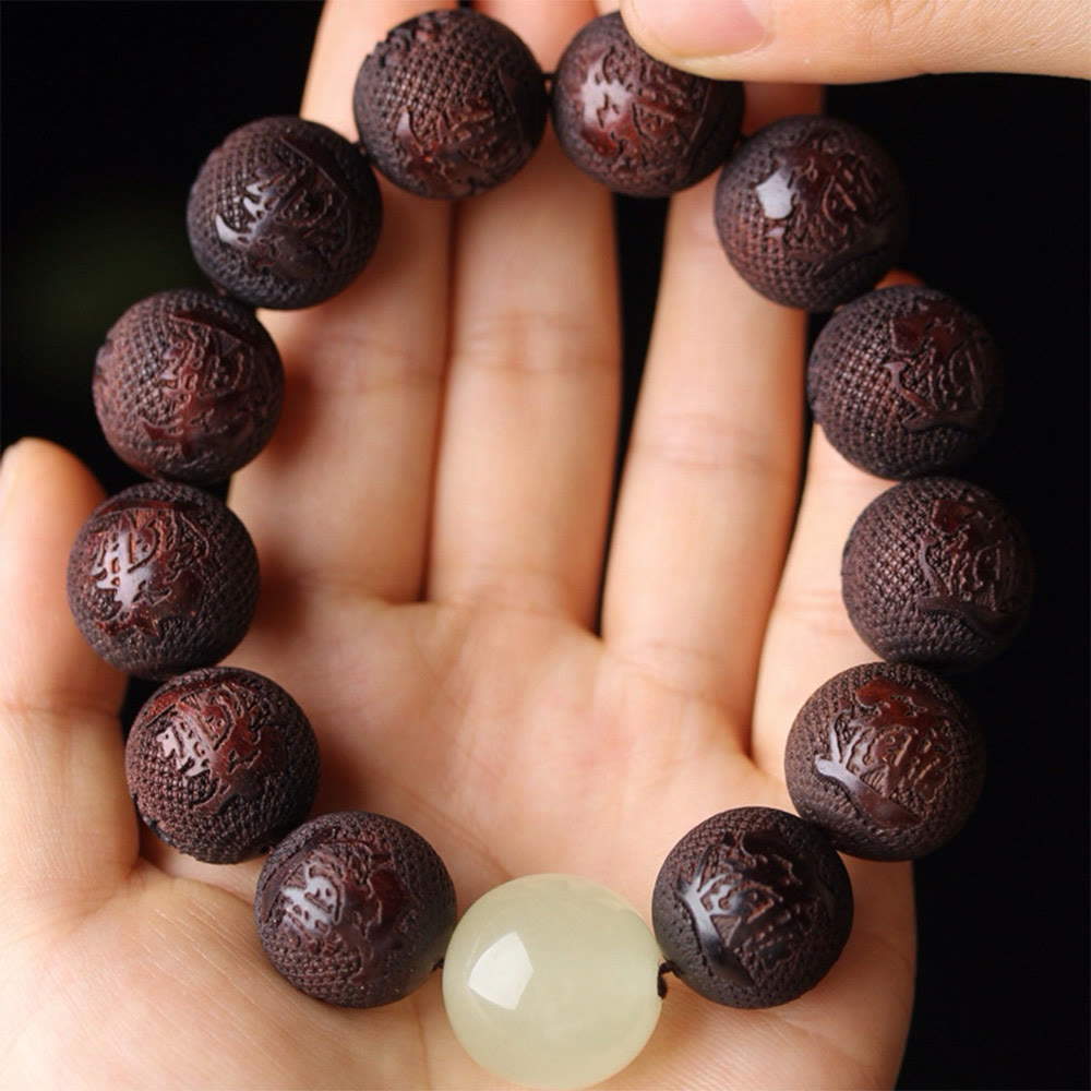 Engraved Tibetan Rosewood Pixiu 20mm Large Bead Bracelet