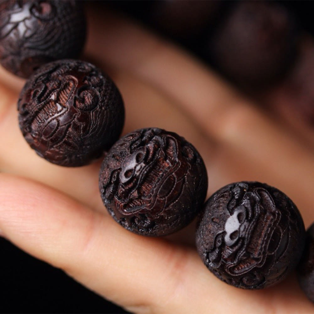 Engraved Tibetan Rosewood Pixiu 20mm Large Bead Bracelet