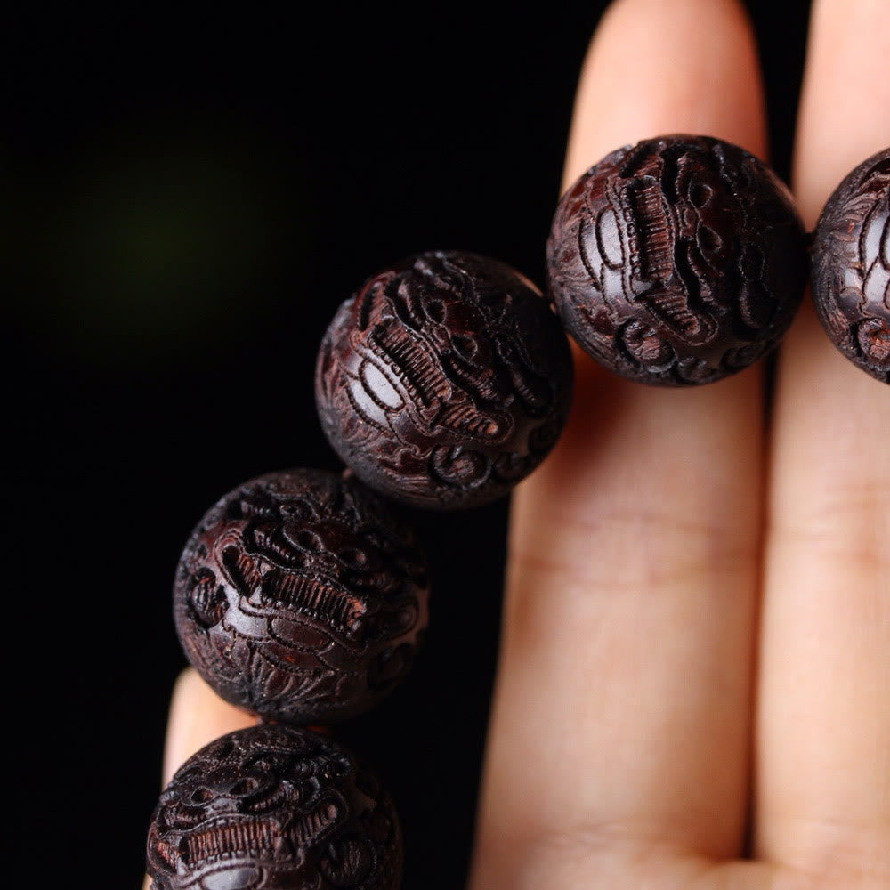 Engraved Tibetan Rosewood Pixiu 20mm Large Bead Bracelet
