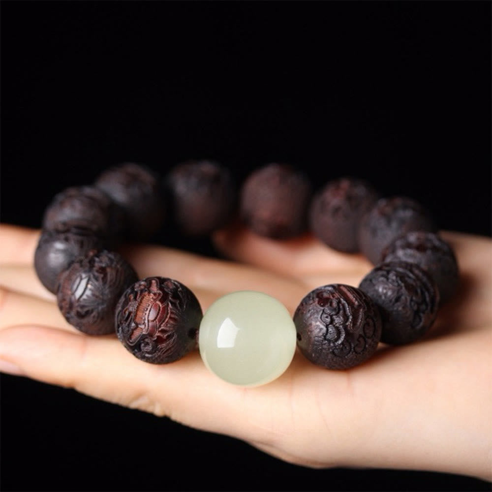 Engraved Tibetan Rosewood Pixiu 20mm Large Bead Bracelet