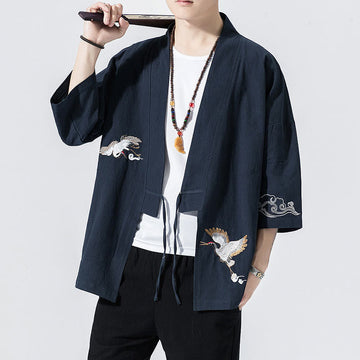 Embroidered Cotton Linen Open Front Mindful Kimono Jacket
