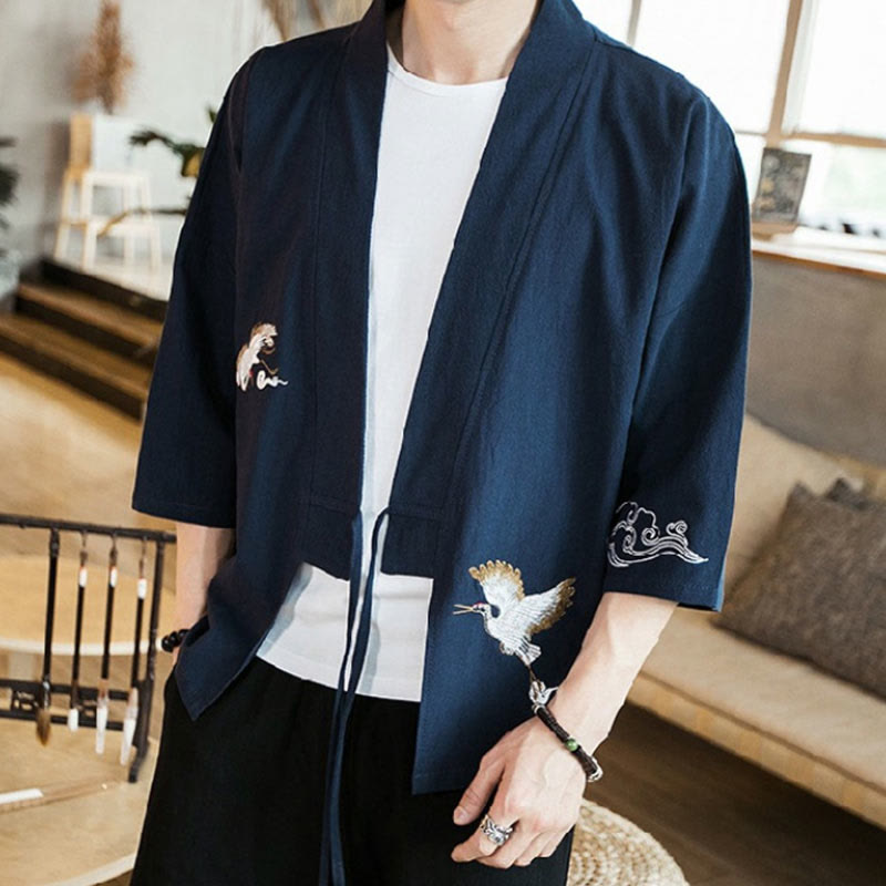 Embroidered Cotton Linen Open Front Mindful Kimono Jacket